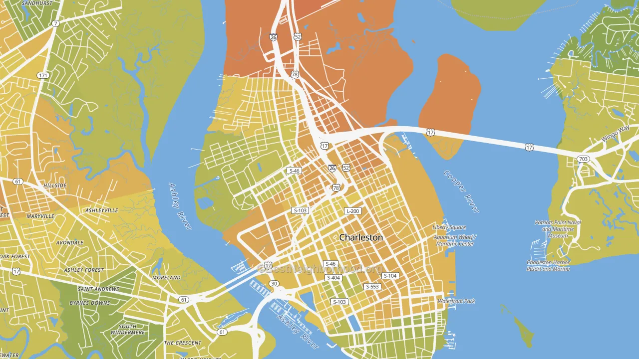 Map of the best neighborhoods in the 29403 area, with better matches in green and worse matches in red
