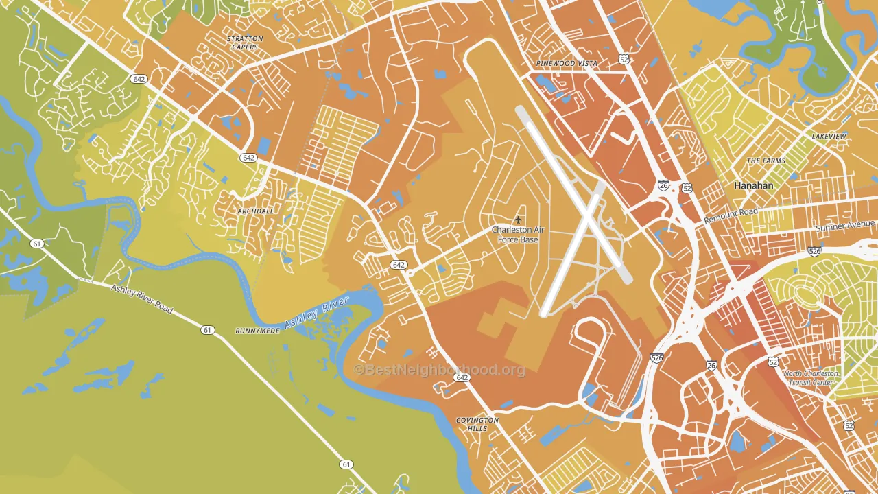 Map of the best neighborhoods in the 29404 area, with better matches in green and worse matches in red