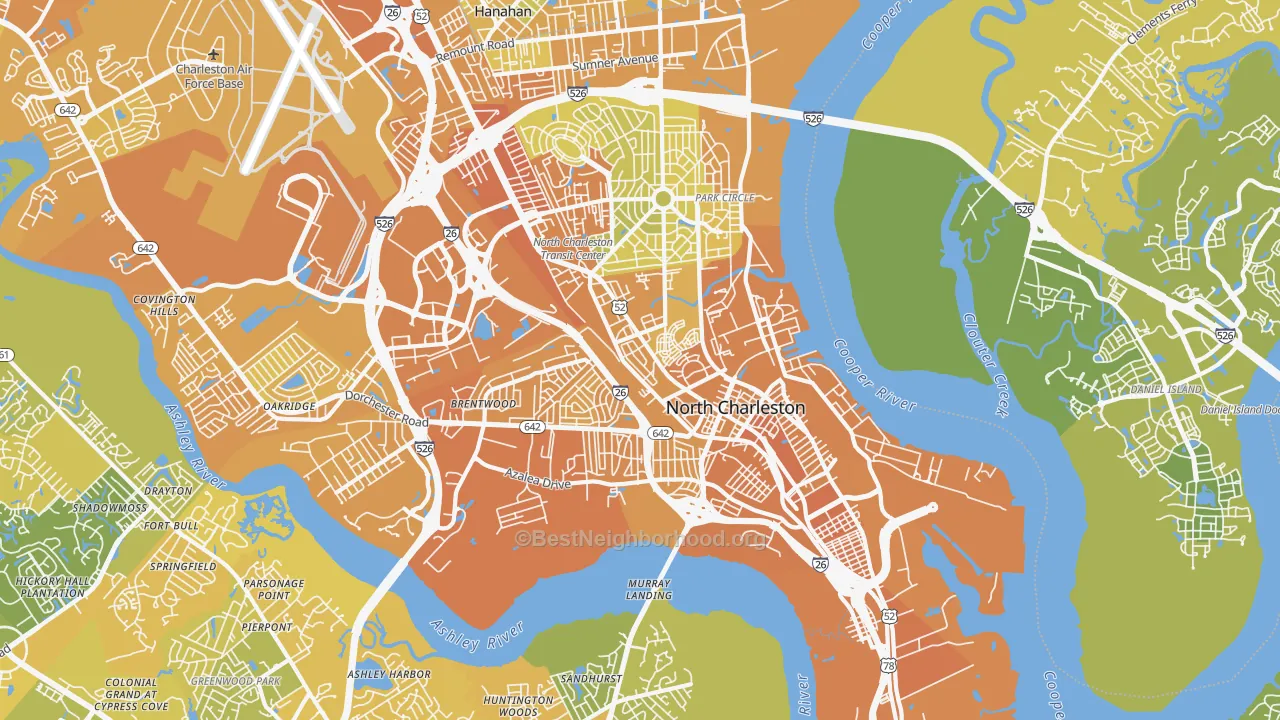 Map of the best neighborhoods in the 29405 area, with better matches in green and worse matches in red