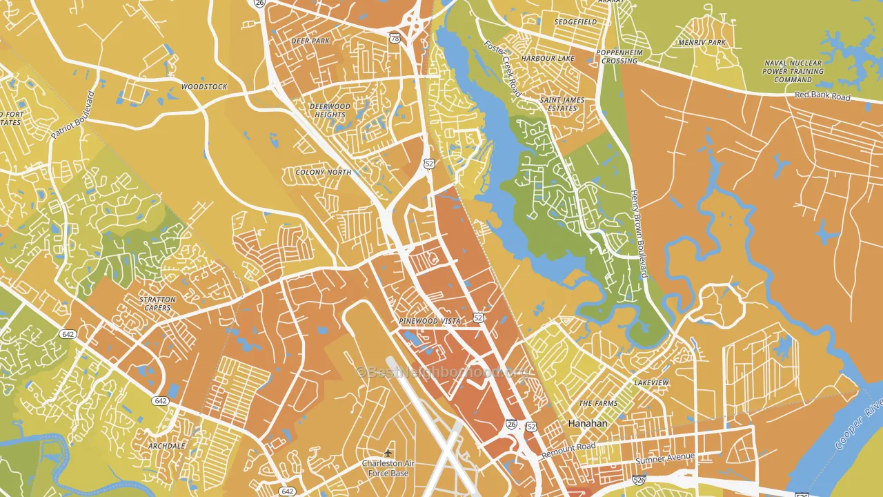 Map of the best neighborhoods in the 29406 area, with better matches in green and worse matches in red