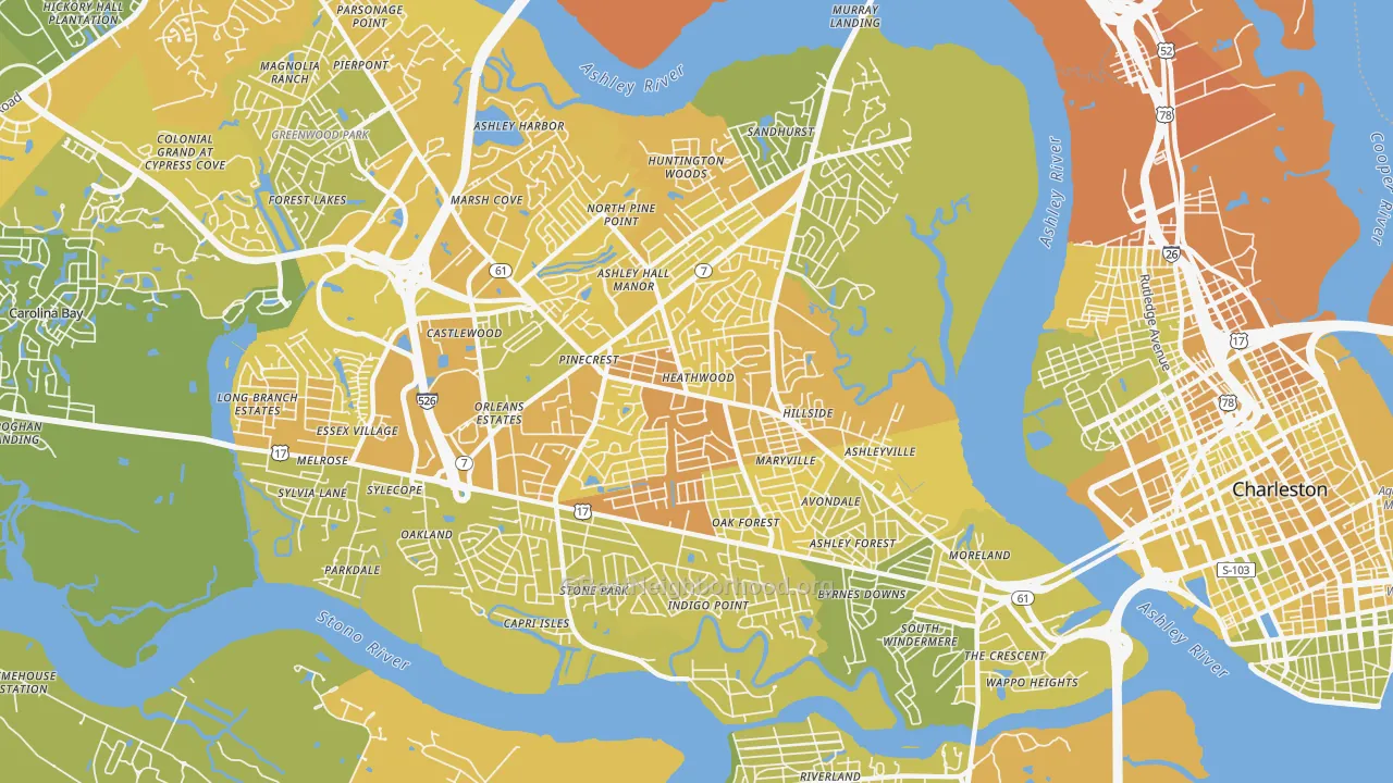 Map of the best neighborhoods in the 29407 area, with better matches in green and worse matches in red