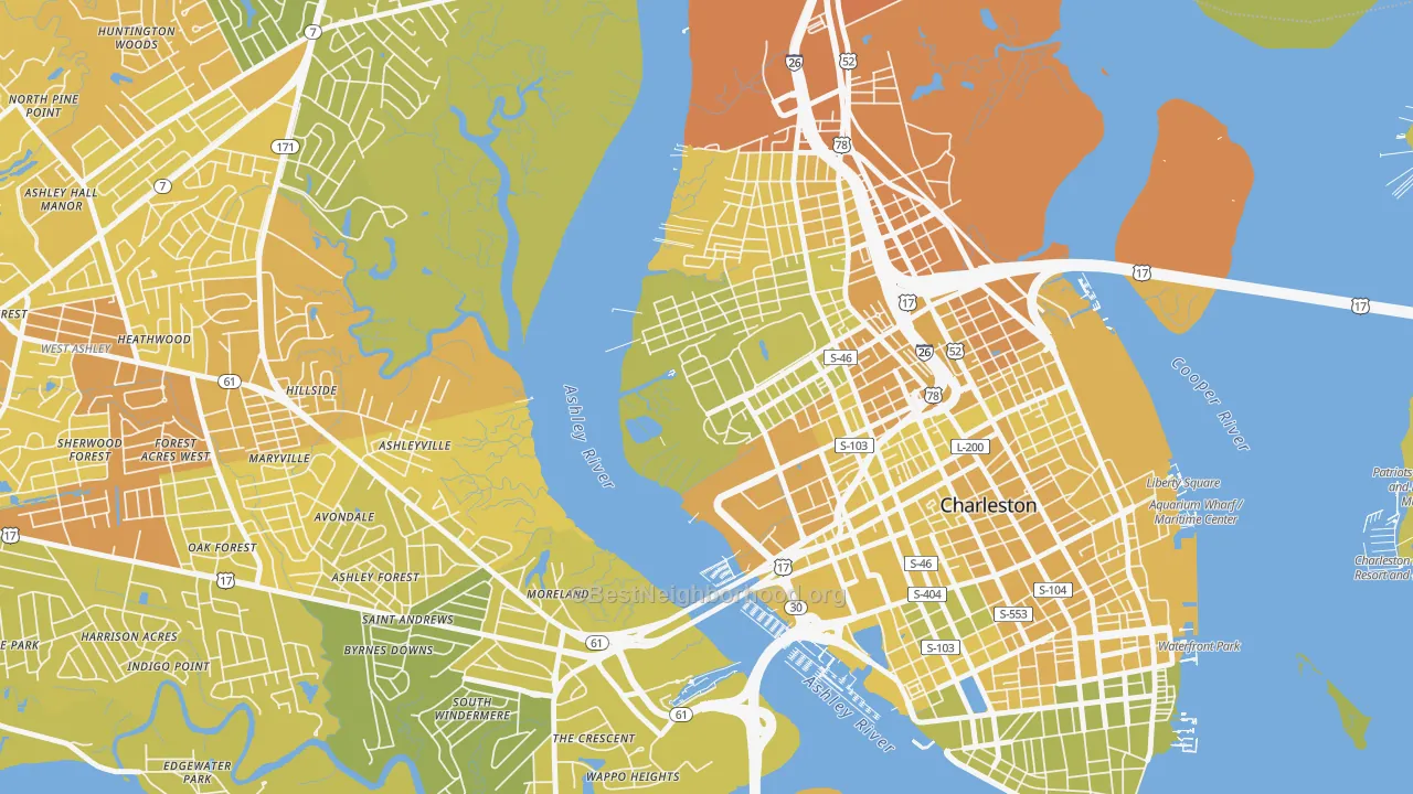 Map of the best neighborhoods in the 29409 area, with better matches in green and worse matches in red