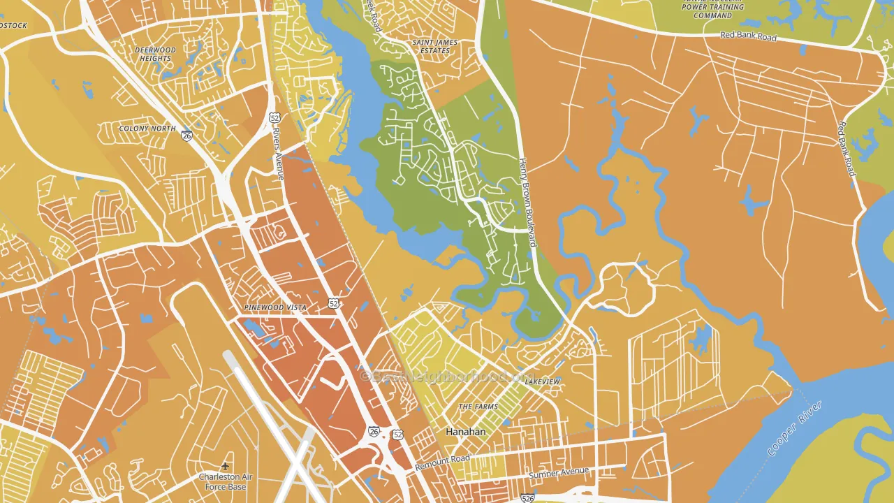 Map of the best neighborhoods in the 29410 area, with better matches in green and worse matches in red