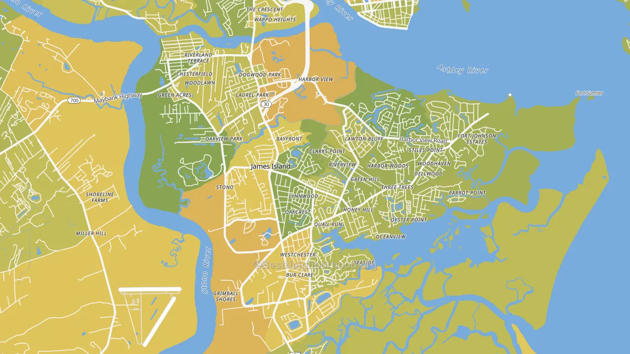 Map of the best neighborhoods in the 29412 area, with better matches in green and worse matches in red