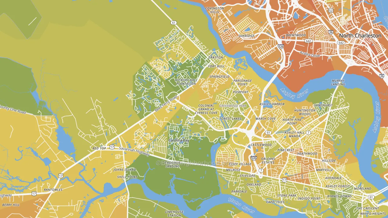 Map of the best neighborhoods in the 29414 area, with better matches in green and worse matches in red