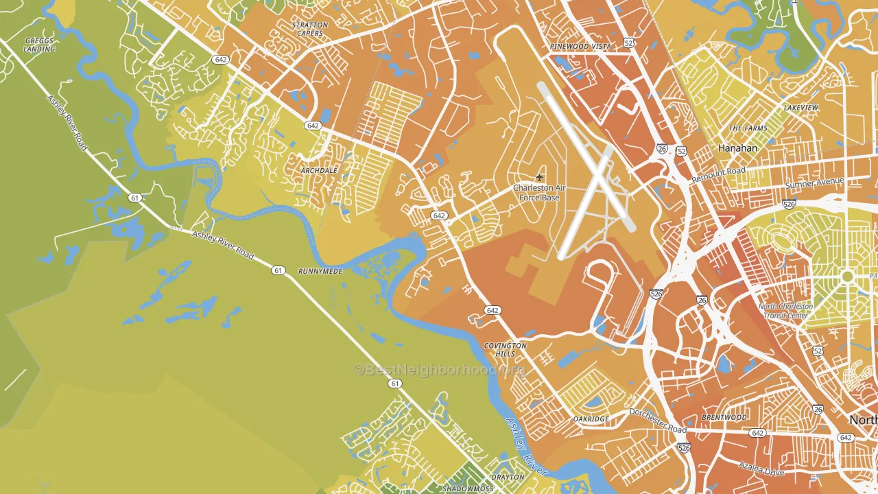 Map of the best neighborhoods in the 29418 area, with better matches in green and worse matches in red