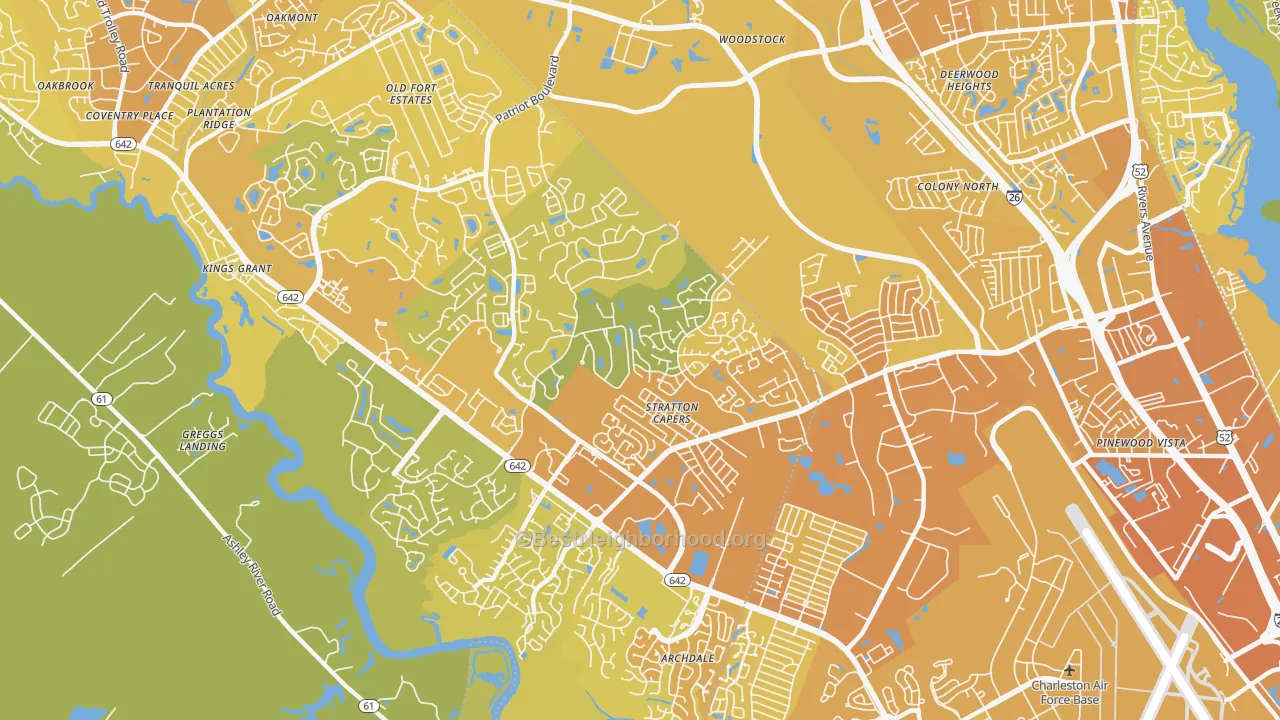 Map of the best neighborhoods in the 29420 area, with better matches in green and worse matches in red