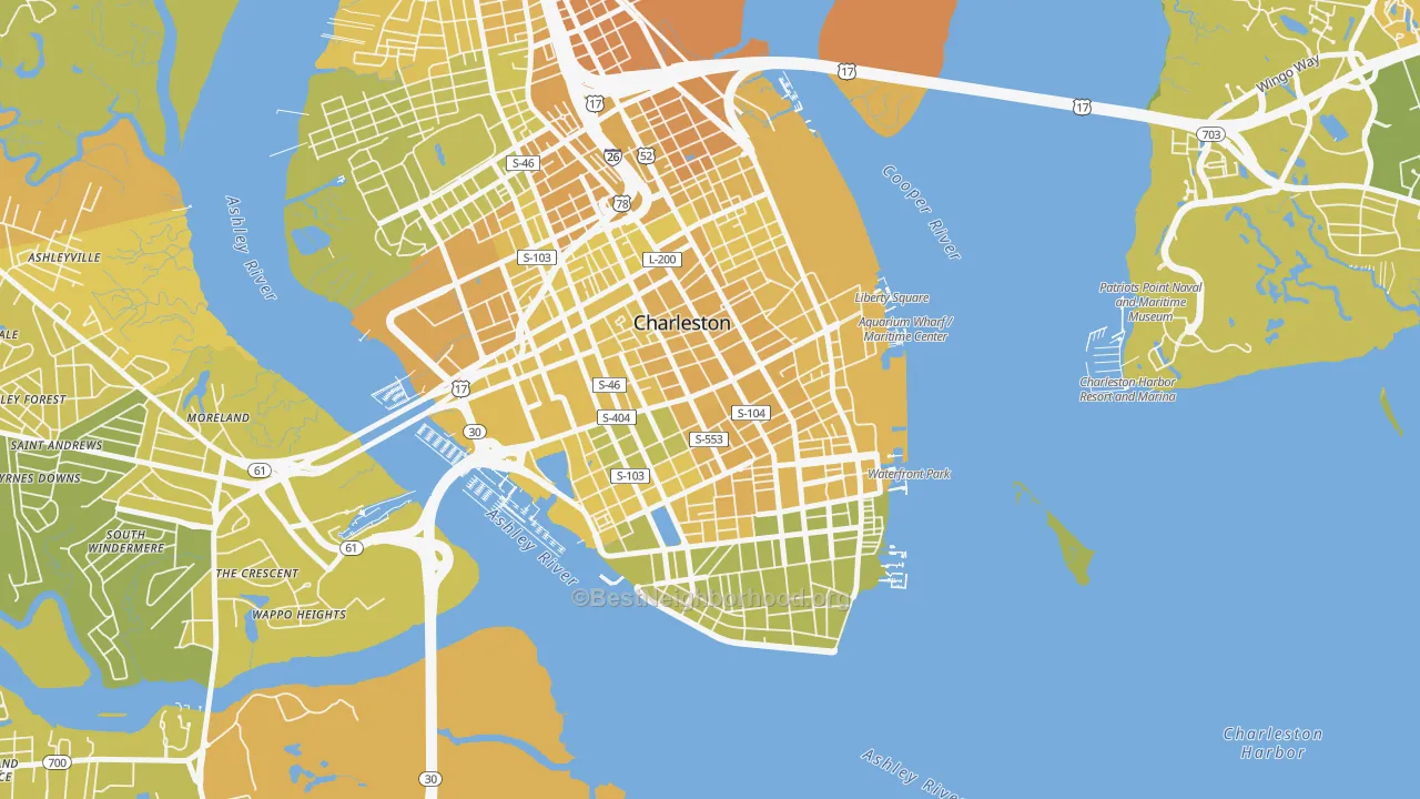 Map of the best neighborhoods in the 29424 area, with better matches in green and worse matches in red