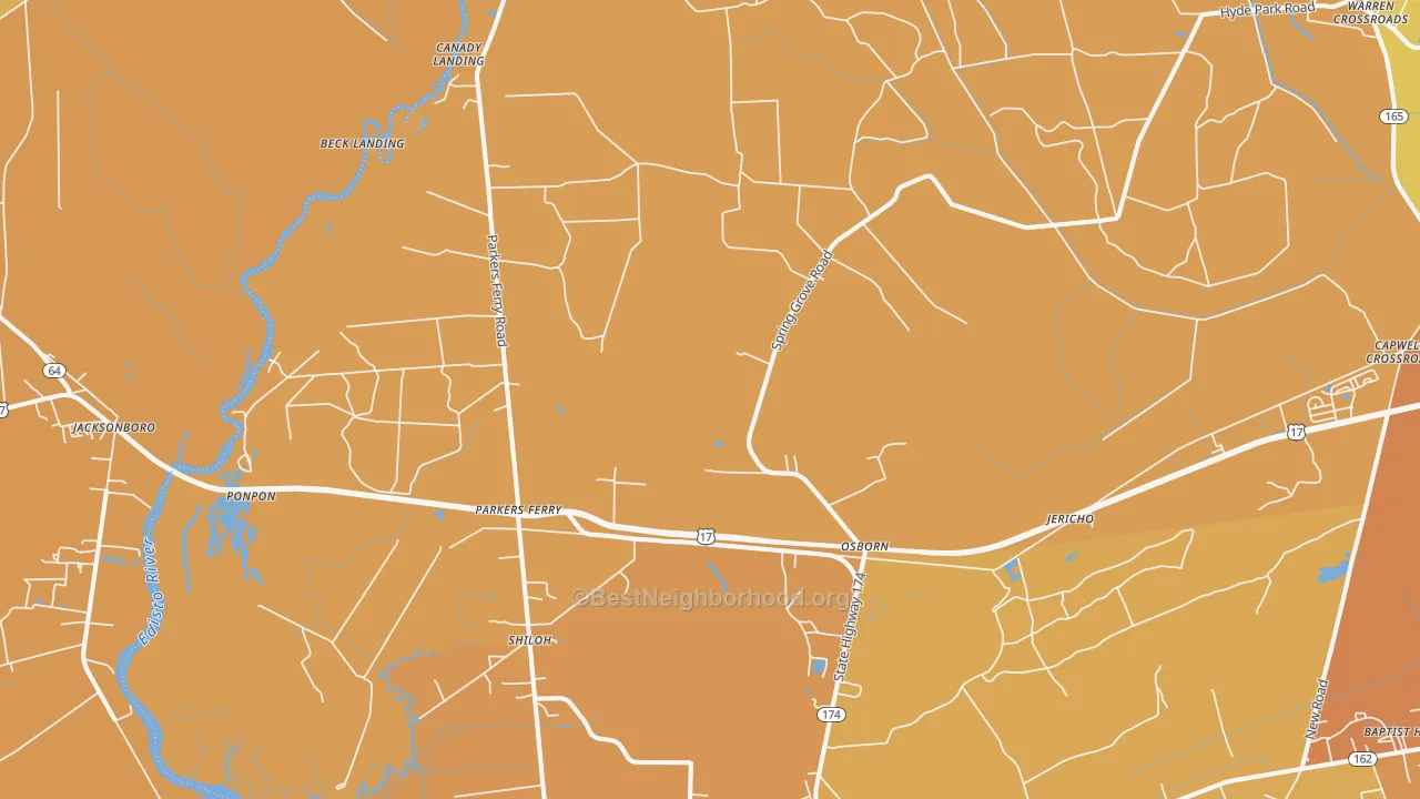 Map of the best neighborhoods in the 29426 area, with better matches in green and worse matches in red