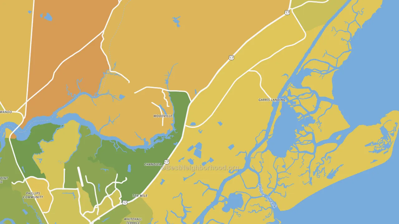 Map of the best neighborhoods in the 29429 area, with better matches in green and worse matches in red