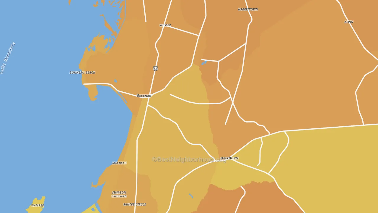 Map of the best neighborhoods in the 29431 area, with better matches in green and worse matches in red