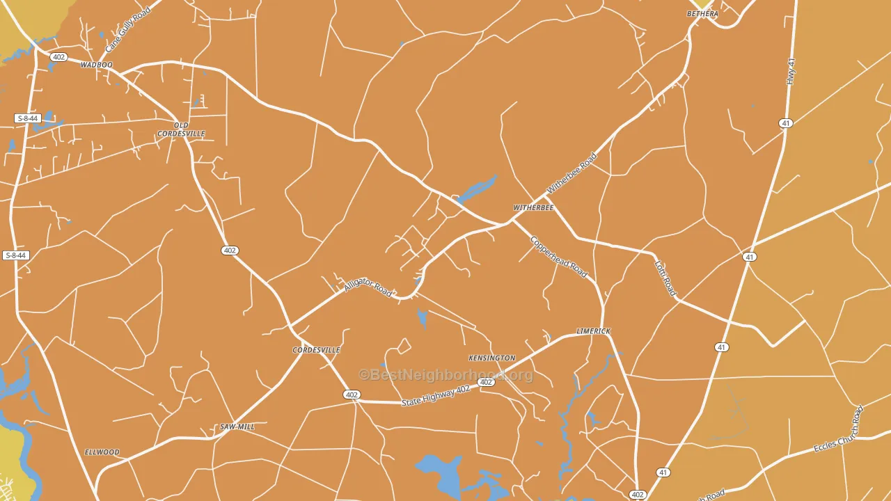 Map of the best neighborhoods in the 29434 area, with better matches in green and worse matches in red