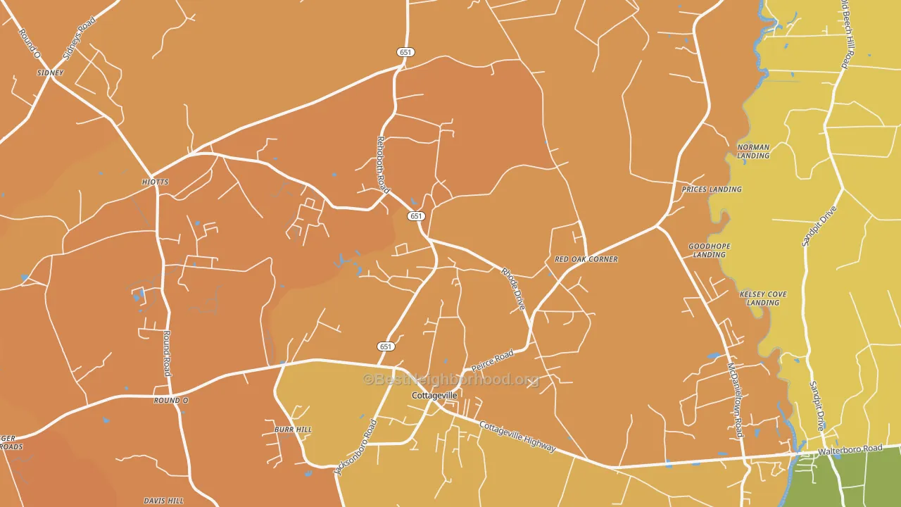 Map of the best neighborhoods in the 29435 area, with better matches in green and worse matches in red
