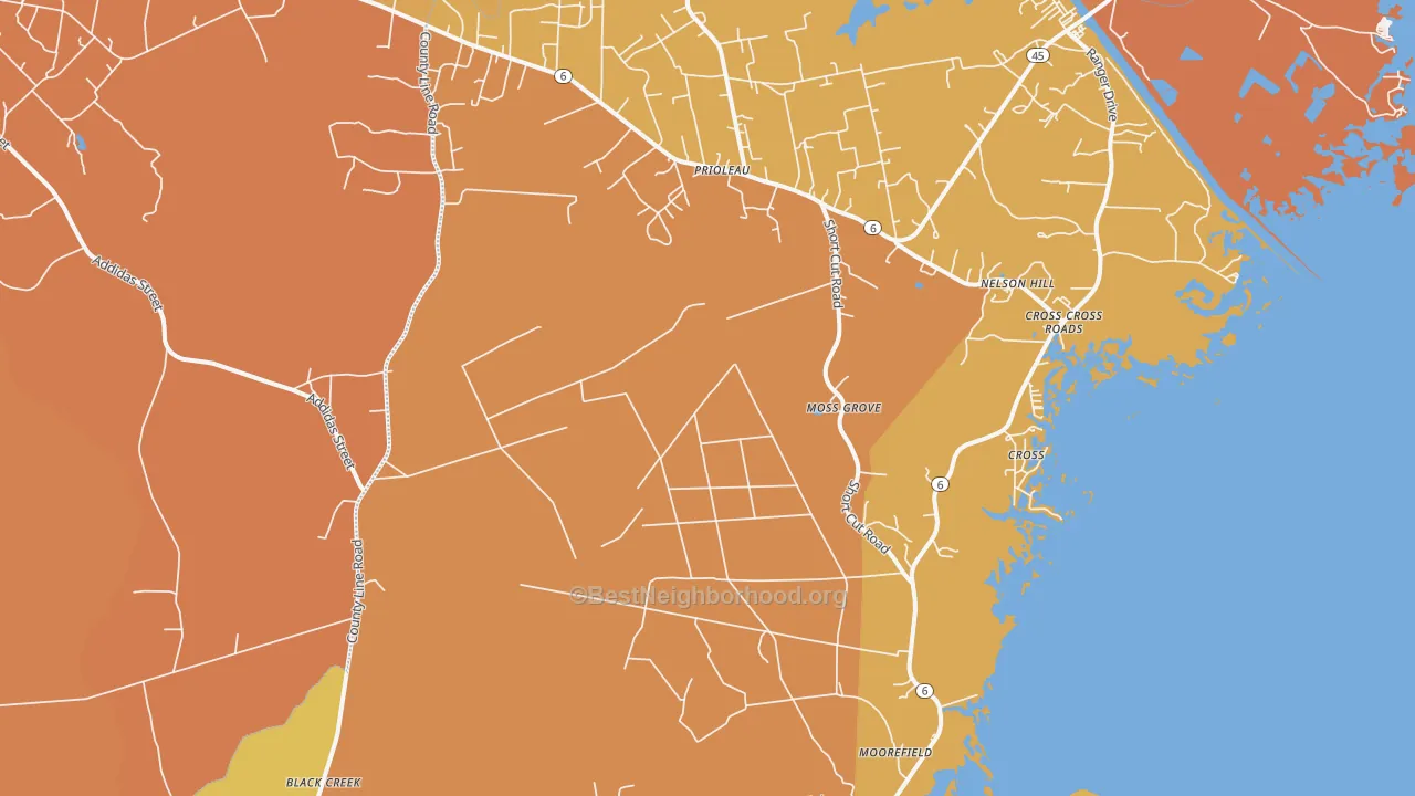Map of the best neighborhoods in the 29436 area, with better matches in green and worse matches in red