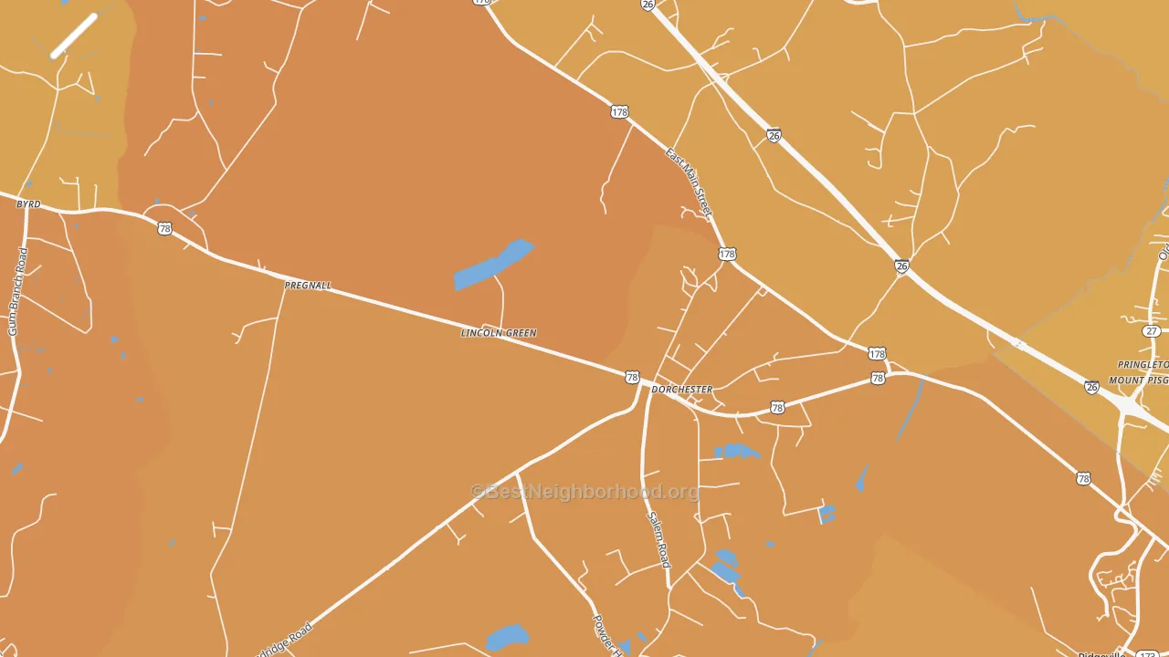 Map of the best neighborhoods in the 29437 area, with better matches in green and worse matches in red