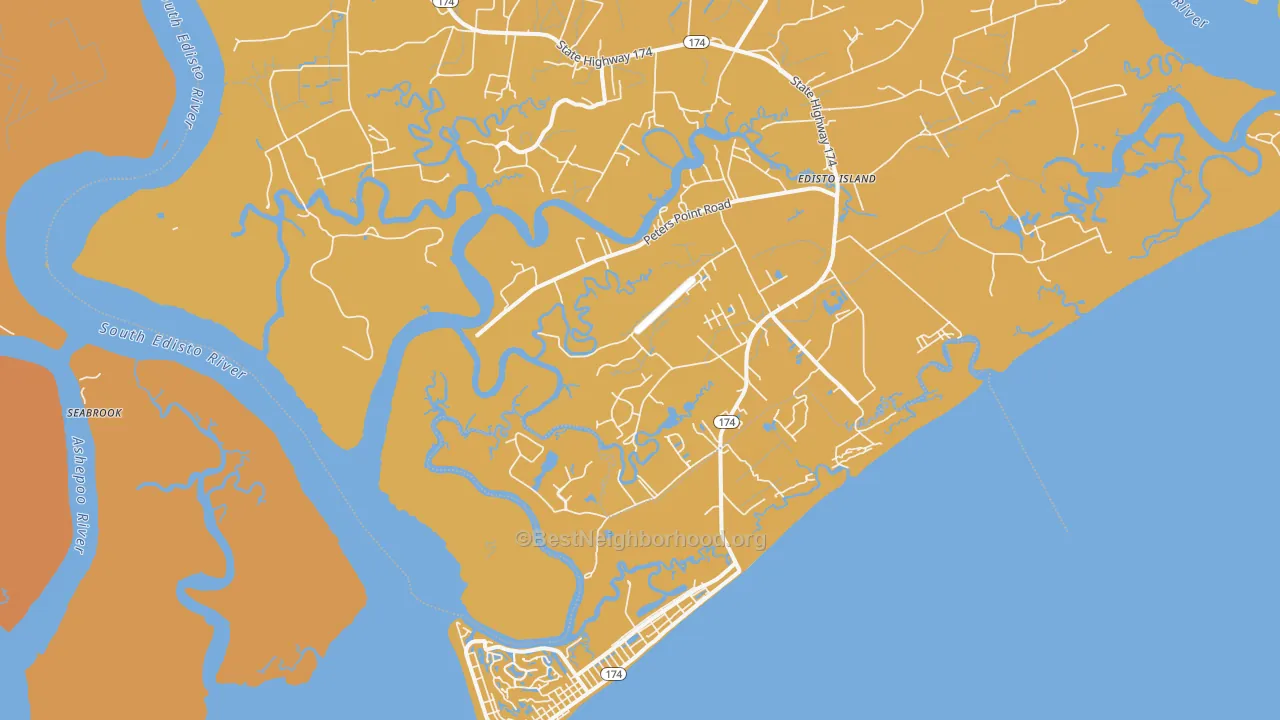Map of the best neighborhoods in the 29438 area, with better matches in green and worse matches in red