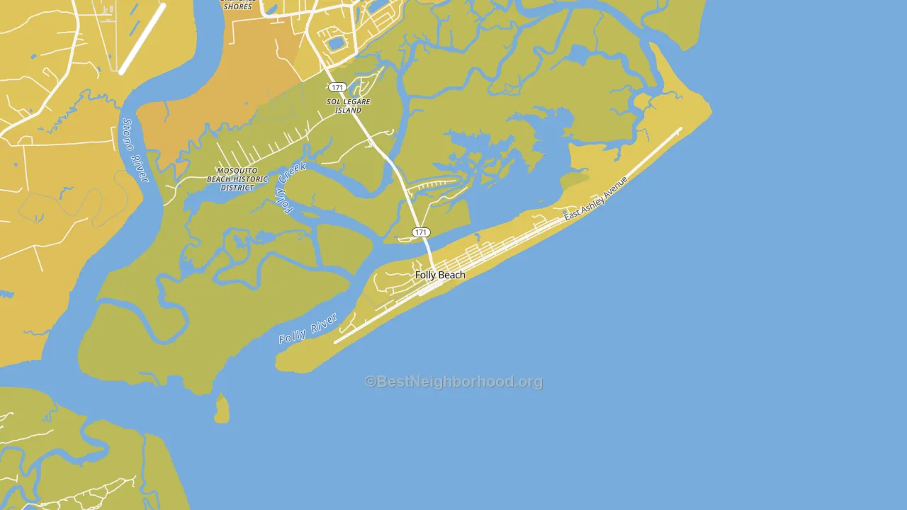 Map of the best neighborhoods in the 29439 area, with better matches in green and worse matches in red