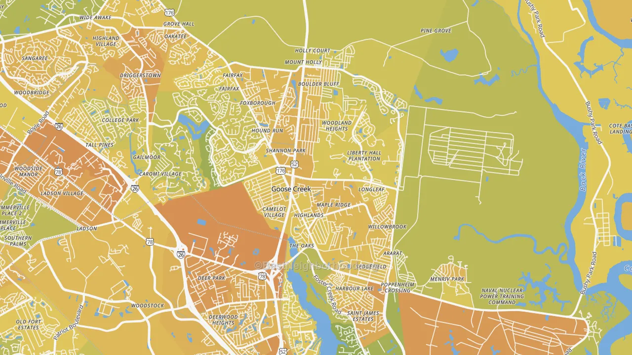 Map of the best neighborhoods in the 29445 area, with better matches in green and worse matches in red