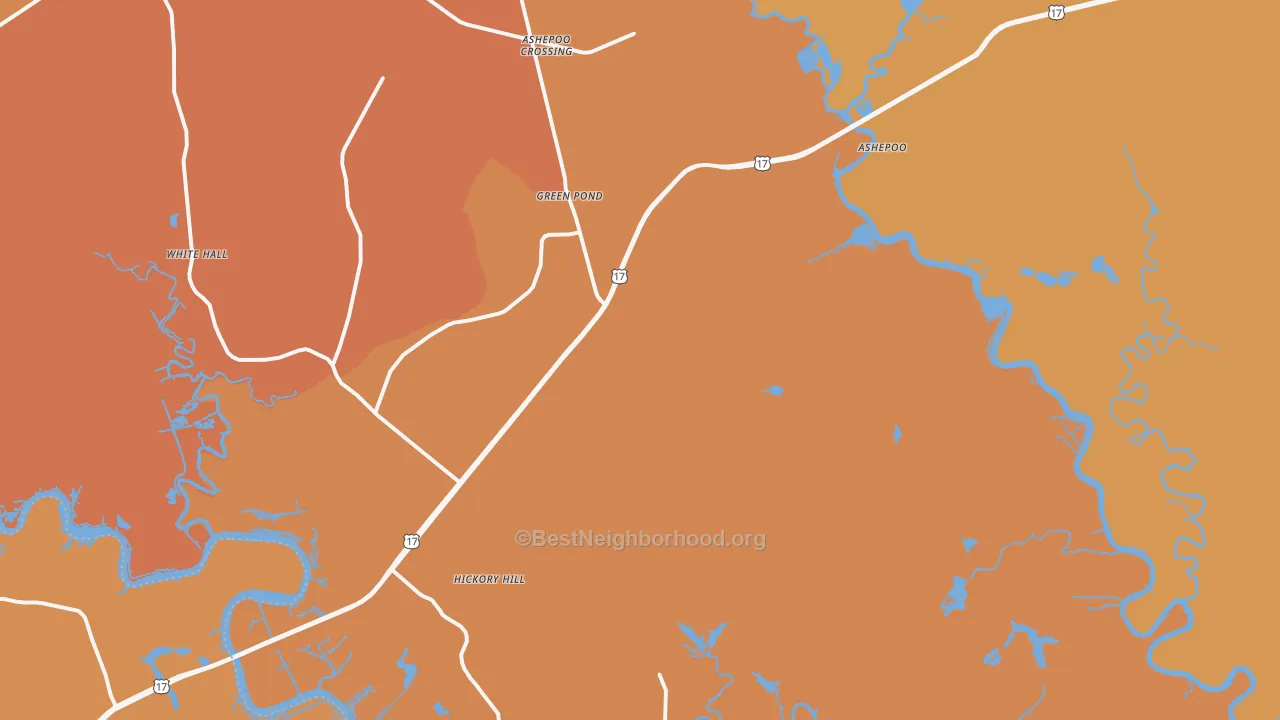 Map of the best neighborhoods in the 29446 area, with better matches in green and worse matches in red