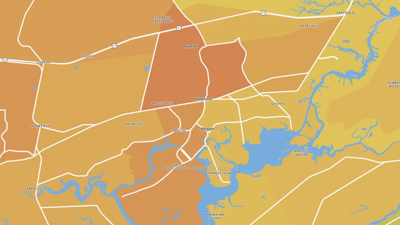 Map of the best neighborhoods in the 29449 area, with better matches in green and worse matches in red