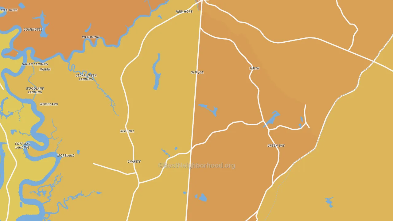 Map of the best neighborhoods in the 29450 area, with better matches in green and worse matches in red