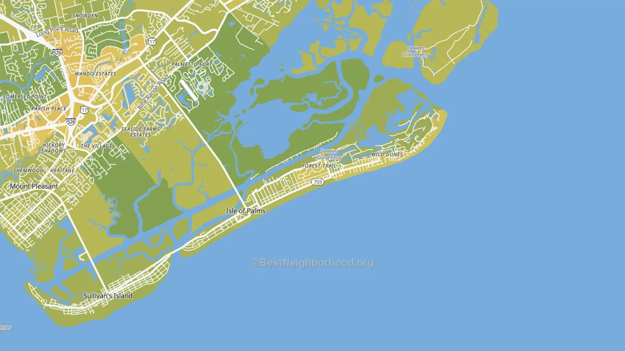 Map of the best neighborhoods in the 29451 area, with better matches in green and worse matches in red