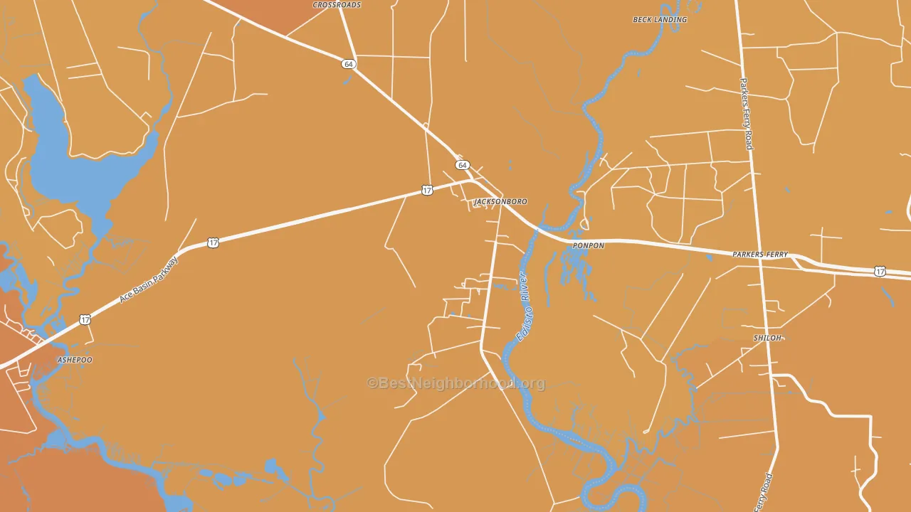 Map of the best neighborhoods in the 29452 area, with better matches in green and worse matches in red
