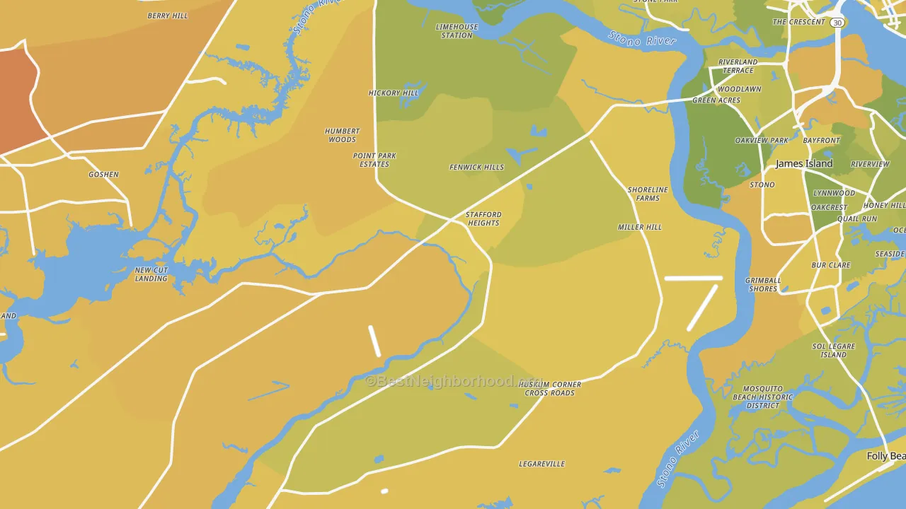 Map of the best neighborhoods in the 29455 area, with better matches in green and worse matches in red