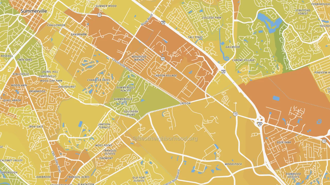 Map of the best neighborhoods in the 29456 area, with better matches in green and worse matches in red