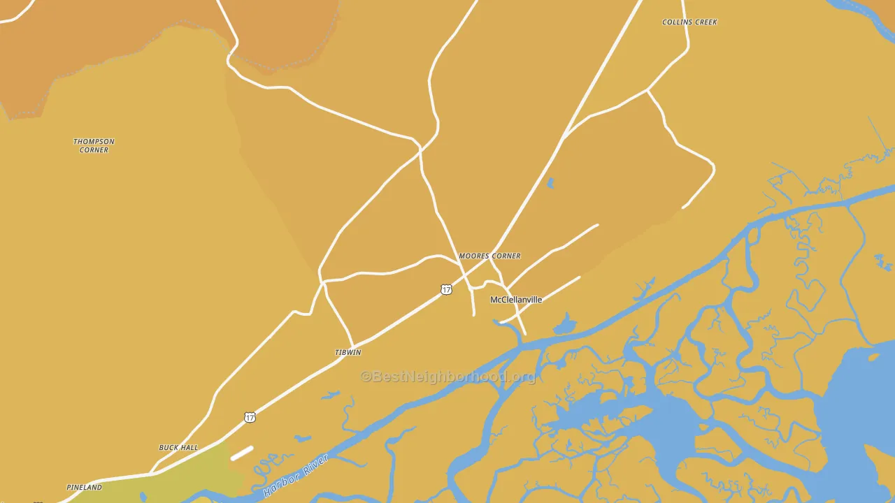 Map of the best neighborhoods in the 29458 area, with better matches in green and worse matches in red