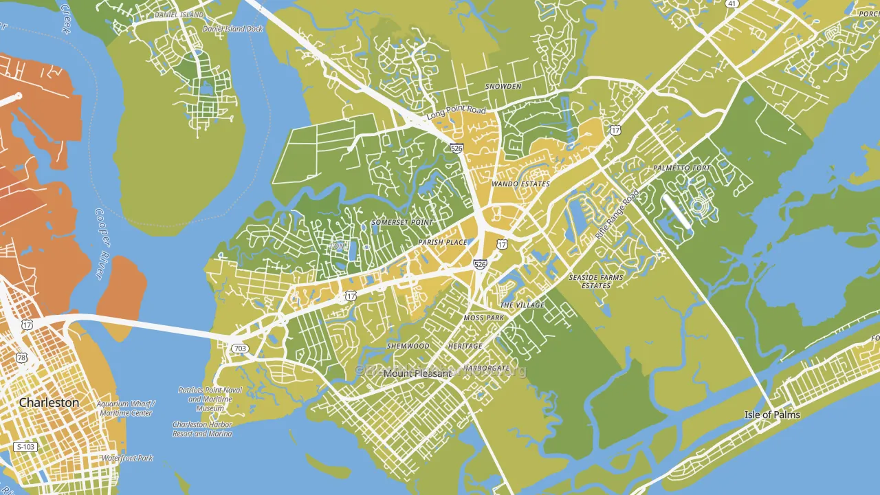 Map of the best neighborhoods in the 29464 area, with better matches in green and worse matches in red