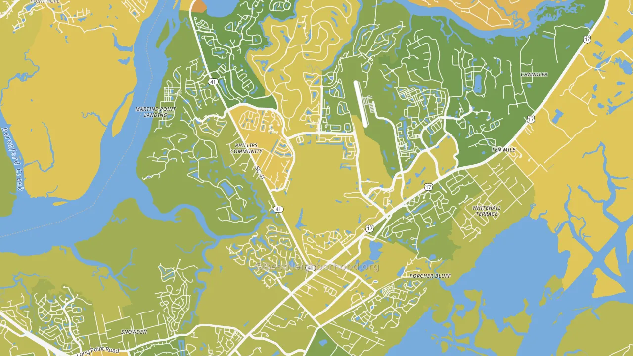 Map of the best neighborhoods in the 29466 area, with better matches in green and worse matches in red