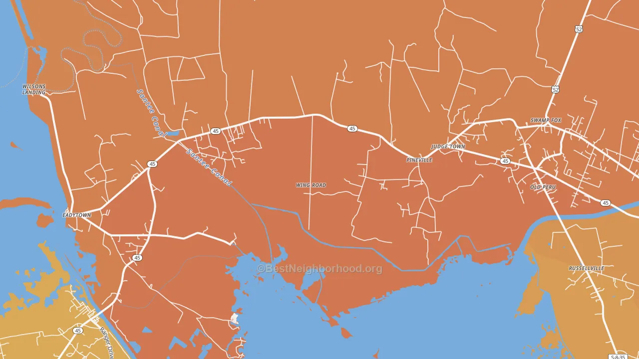 Map of the best neighborhoods in the 29468 area, with better matches in green and worse matches in red