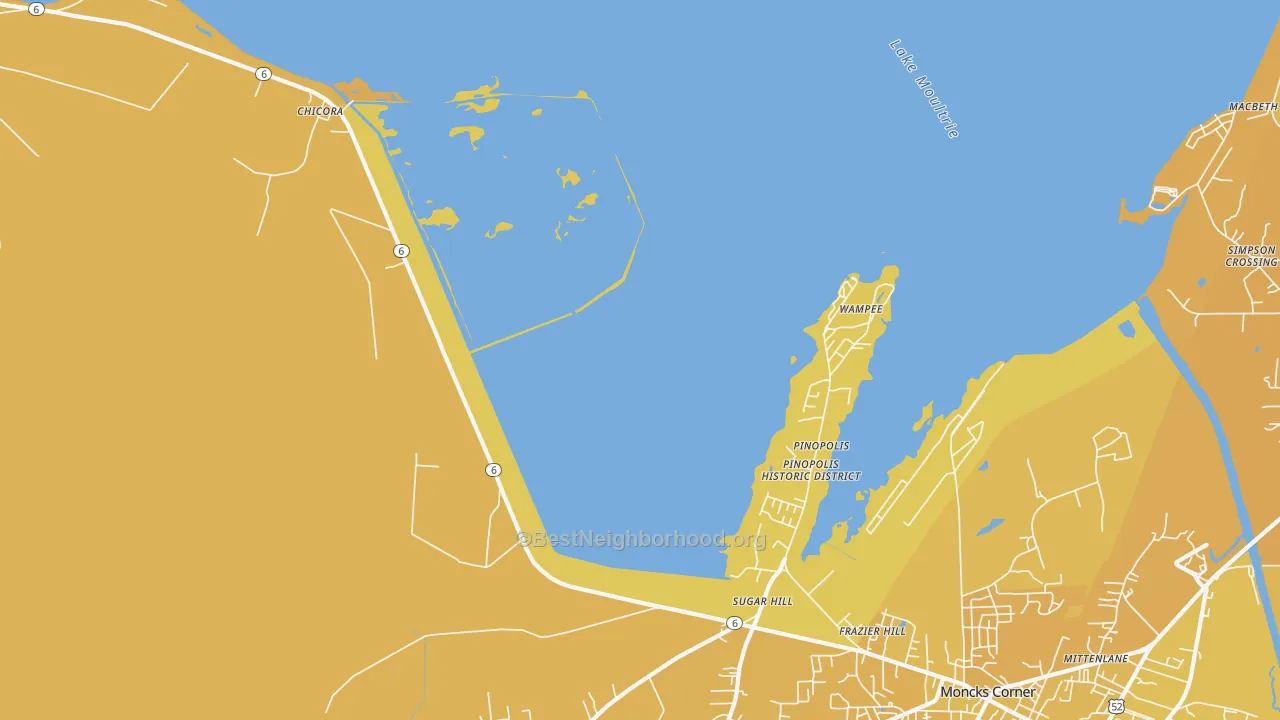 Map of the best neighborhoods in the 29469 area, with better matches in green and worse matches in red