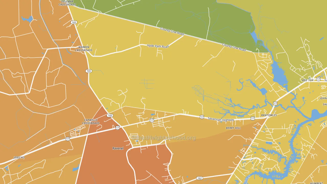 Map of the best neighborhoods in the 29470 area, with better matches in green and worse matches in red