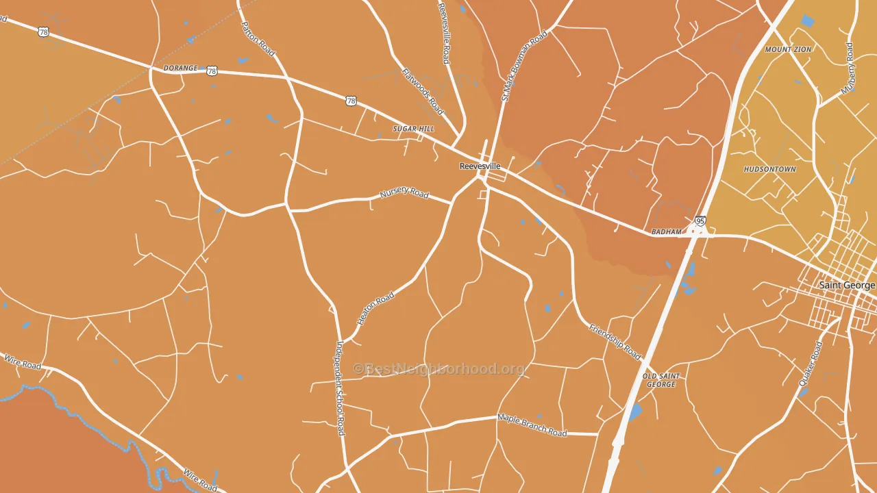 Map of the best neighborhoods in the 29471 area, with better matches in green and worse matches in red