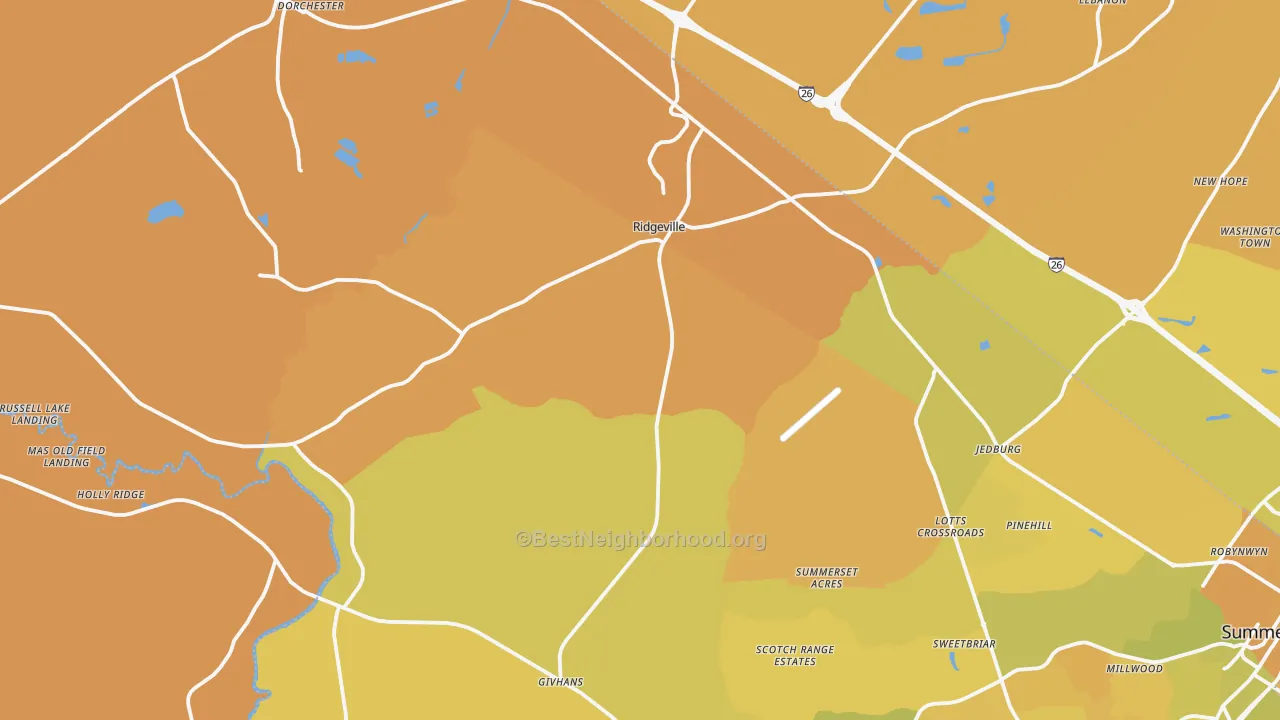 Map of the best neighborhoods in the 29472 area, with better matches in green and worse matches in red