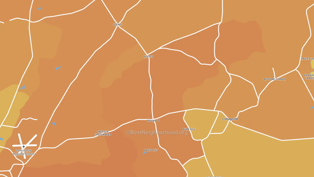 Map of the best neighborhoods in the 29474 area, with better matches in green and worse matches in red