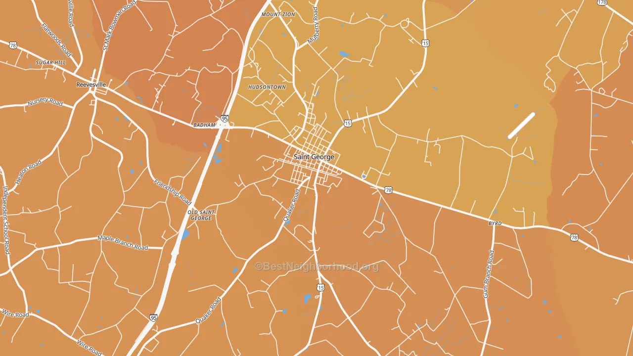 Map of the best neighborhoods in the 29477 area, with better matches in green and worse matches in red