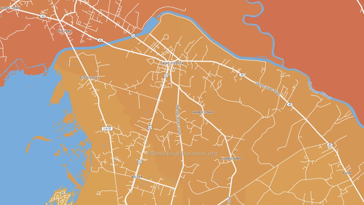 Map of the best neighborhoods in the 29479 area, with better matches in green and worse matches in red