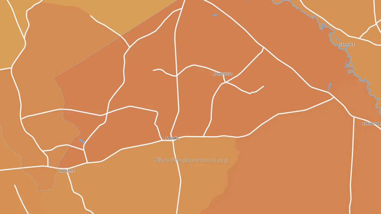 Map of the best neighborhoods in the 29481 area, with better matches in green and worse matches in red