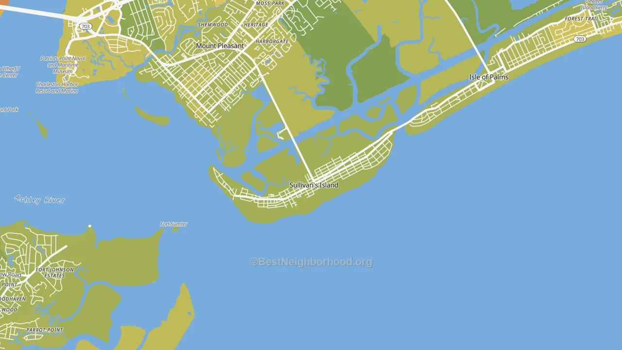 Map of the best neighborhoods in the 29482 area, with better matches in green and worse matches in red