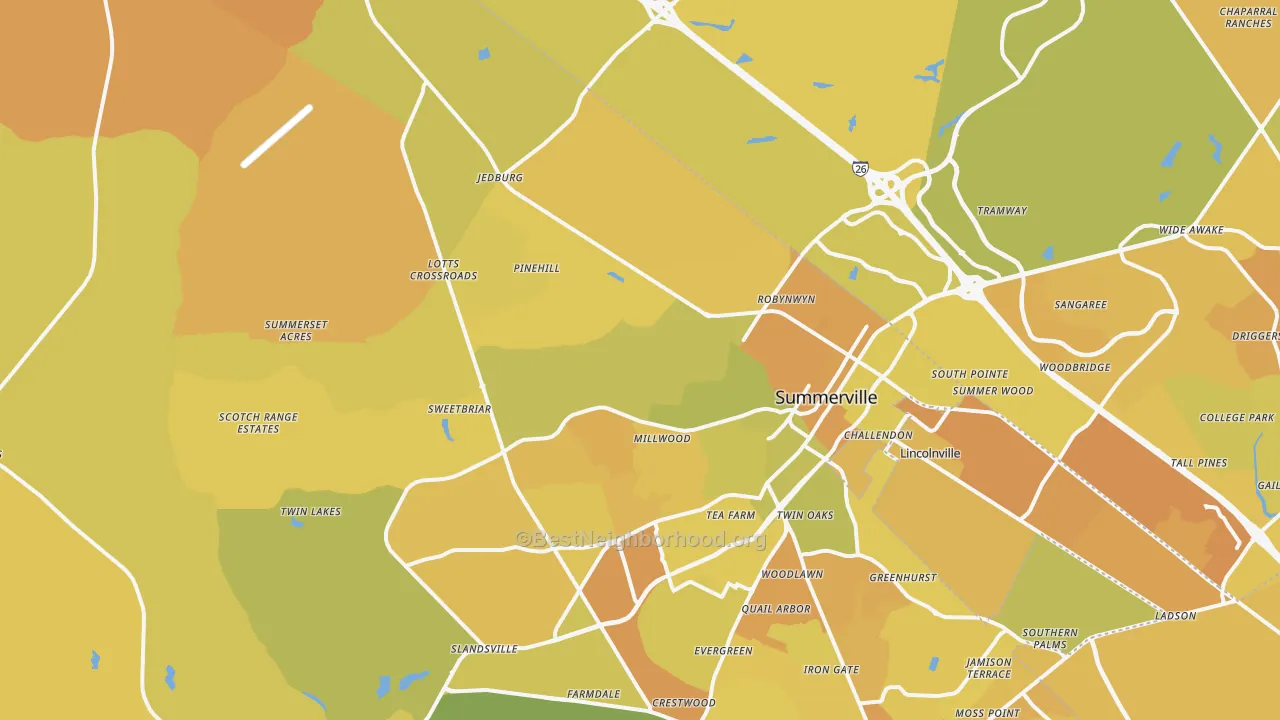 Map of the best neighborhoods in the 29483 area, with better matches in green and worse matches in red
