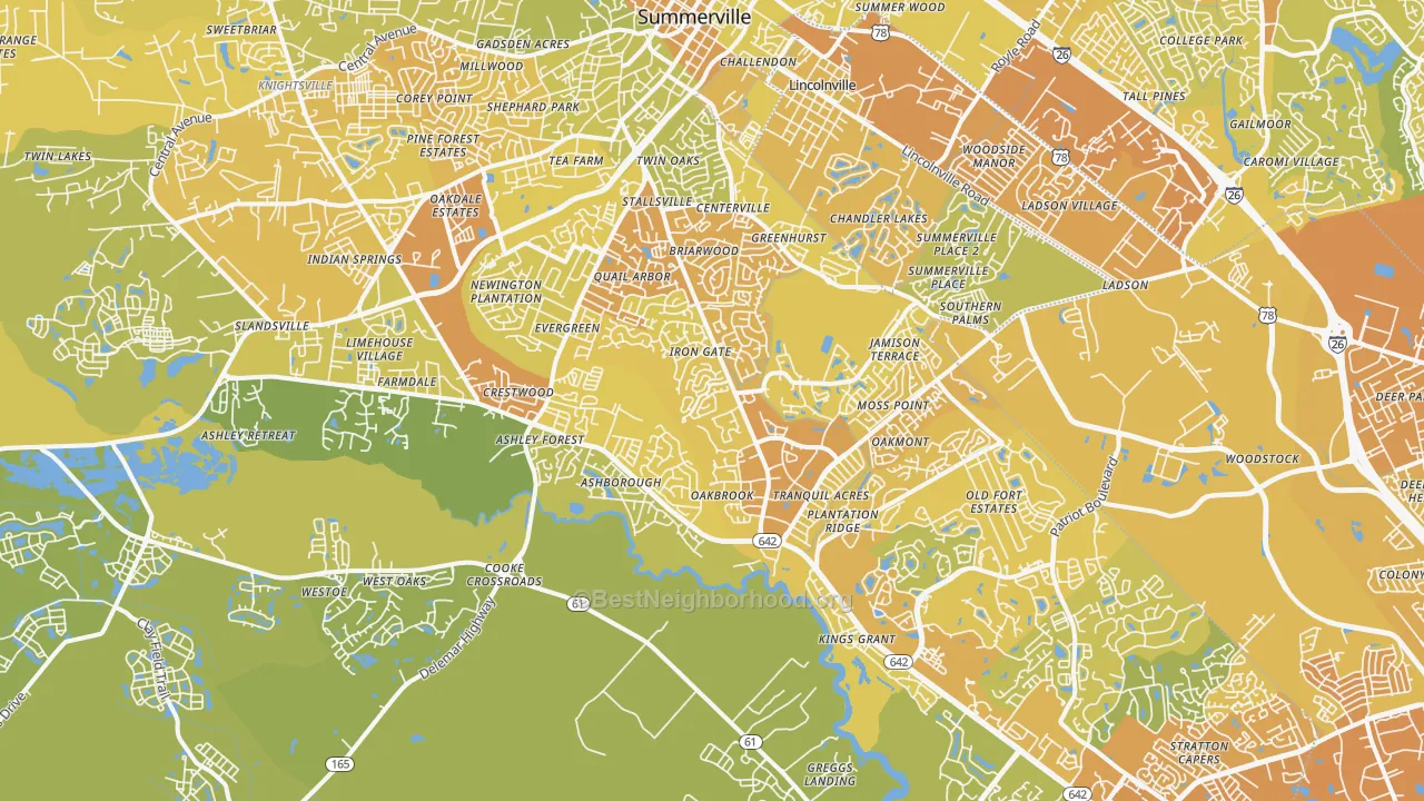 Map of the best neighborhoods in the 29485 area, with better matches in green and worse matches in red