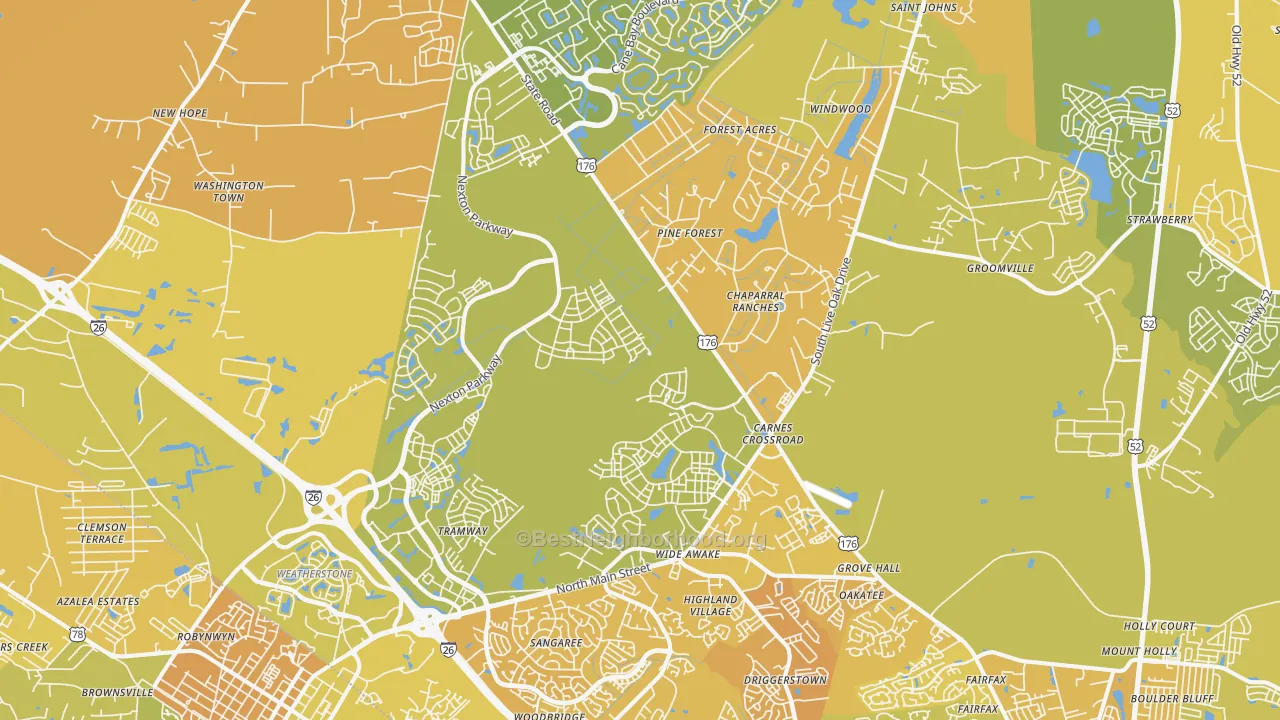 Map of the best neighborhoods in the 29486 area, with better matches in green and worse matches in red