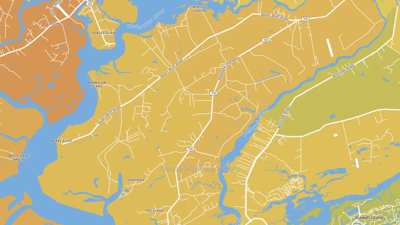 Map of the best neighborhoods in the 29487 area, with better matches in green and worse matches in red