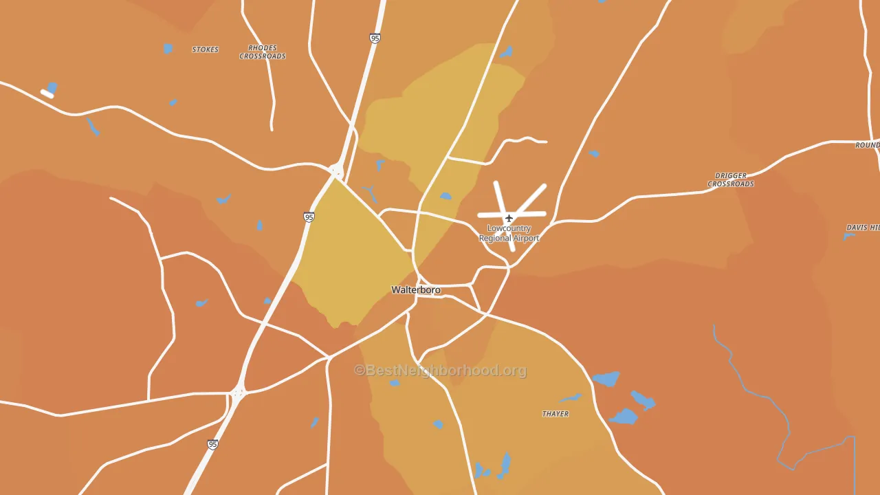 Map of the best neighborhoods in the 29488 area, with better matches in green and worse matches in red
