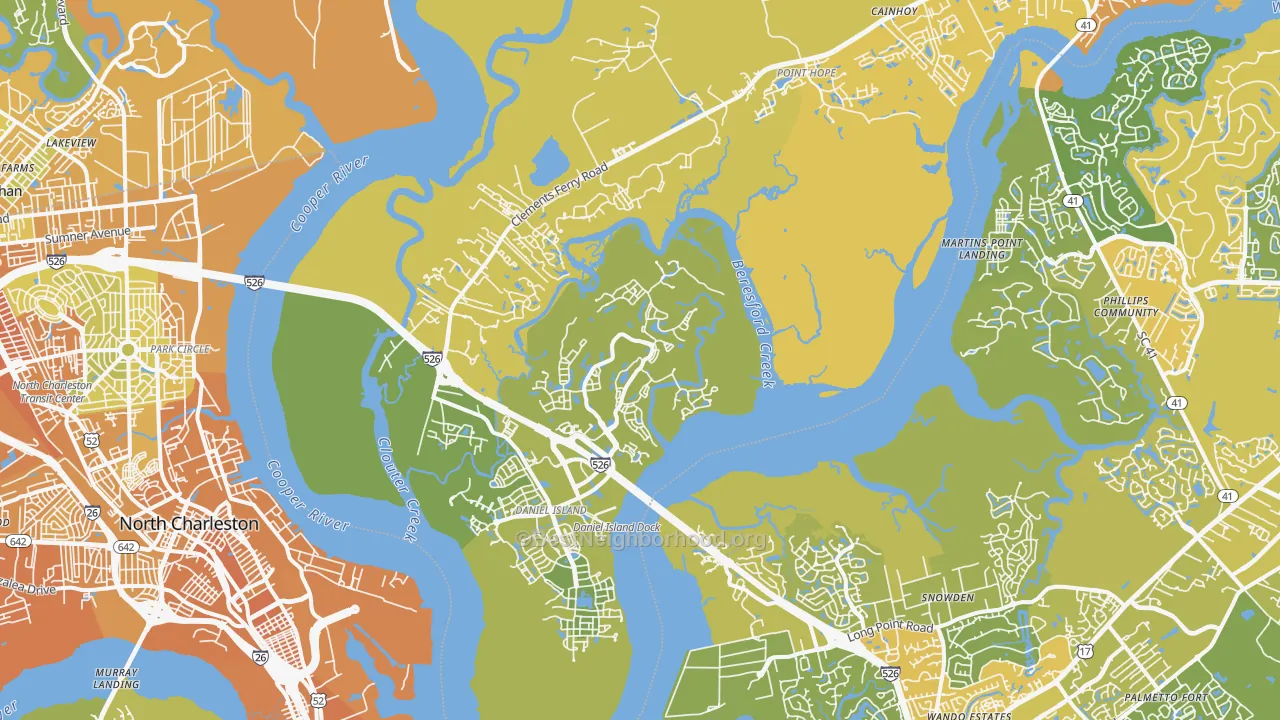 Map of the best neighborhoods in the 29492 area, with better matches in green and worse matches in red