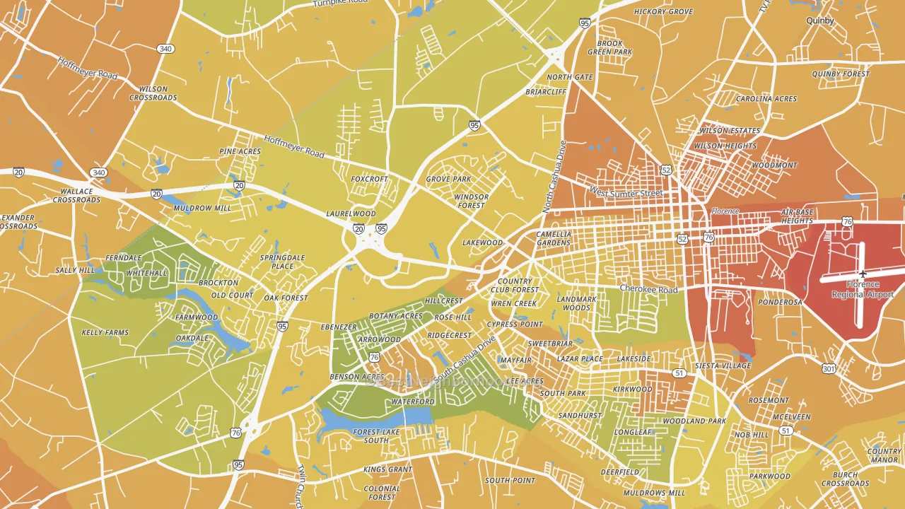 Map of the best neighborhoods in the 29501 area, with better matches in green and worse matches in red