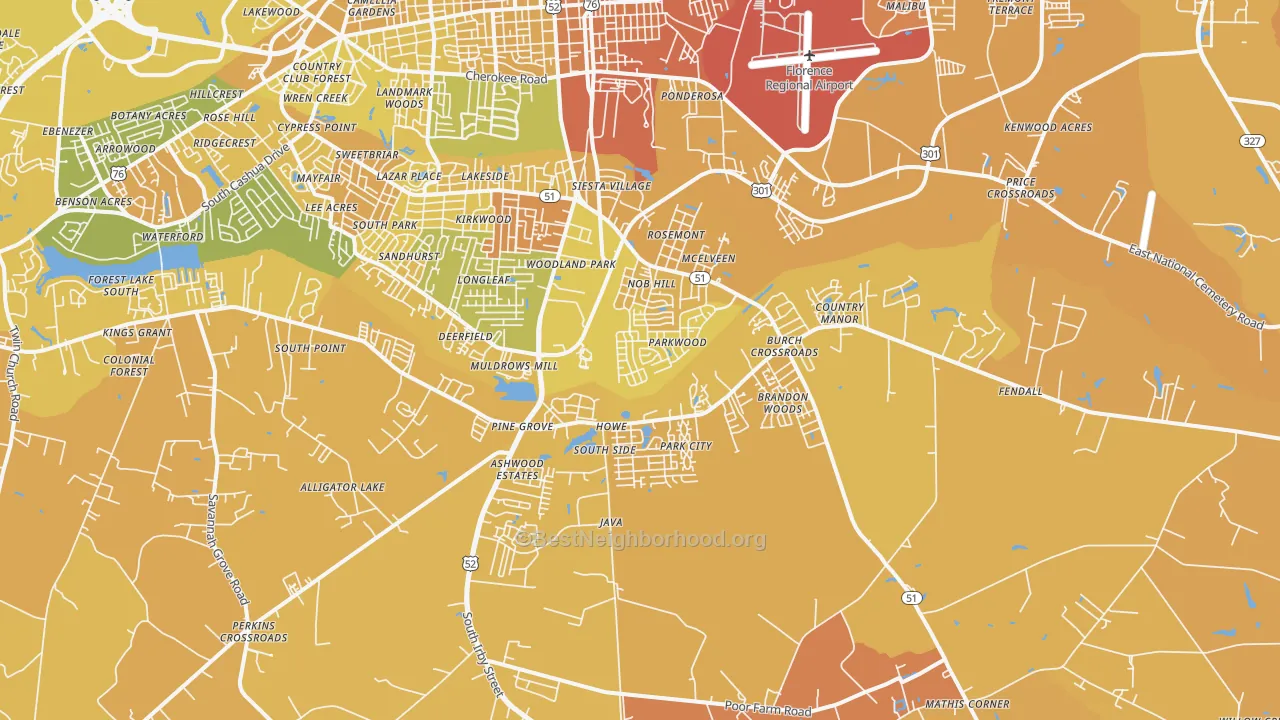 Map of the best neighborhoods in the 29505 area, with better matches in green and worse matches in red